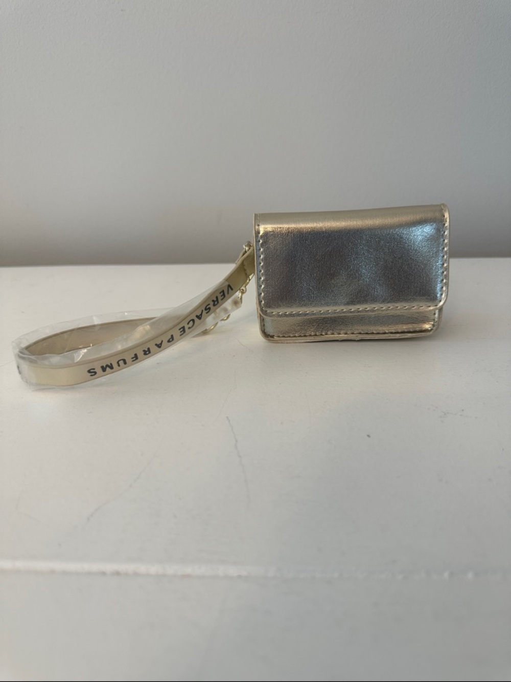 Versace Parfums Micro Wristlet Small Coin Pouch Bag Purse Metallic Gold